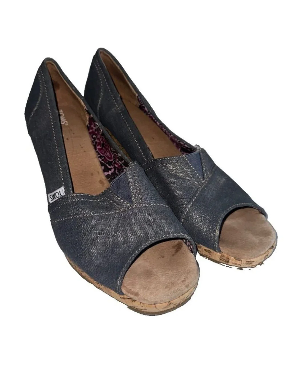 TOMS Calypso Canvas Peep Toe Wedge Espadrille Shoes Women's 10 Metallic Gray